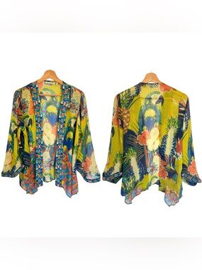 Soft Surroundings Parrot Curacao Topper Sheer Blue Green Floral Tropical Size PM